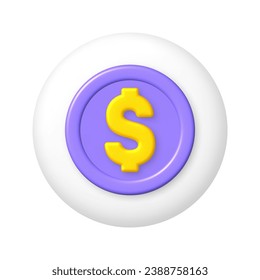 Purple coin with gold dollar icon on white round buttons. 3d cartoon design element. Vector illustration.