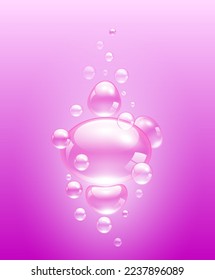 Purple collagen vitamins bubbles and hyaluronic acid solution. Water serum droplets transparent realistic 3D. For cosmetic advertising design. Isolated on pink background. Vector illustration.