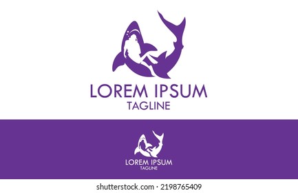 Purple Color Blue Shark Negative Scuba Diving Logo Design