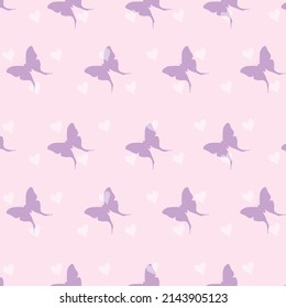 Purple color butterfly patterns on pink background with white heart, vector