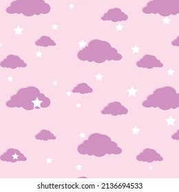 violette Farbwolken und Muster weißer Sterne auf rosafarbenem Hintergrund, Vektorgrafik