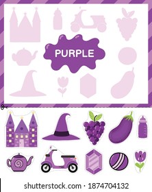 Purple color. Cut the elements and match them with the right shadows. Learning color purple educational game for kids. Cut and paste activity for toddlers. Vector illustration