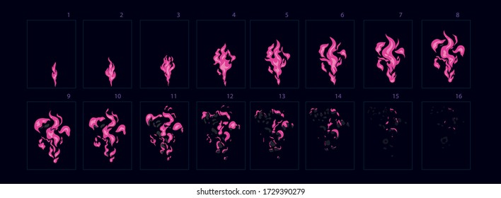 Purple color firework explosion animationSprites sheet. campfire, fire trap, fire pillar vector flame video frames for game design