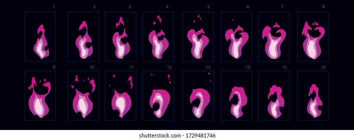 Purple color firework explosion. Sprites sheet. campfire, fire trap, fire pillar vector flame video frames for game design