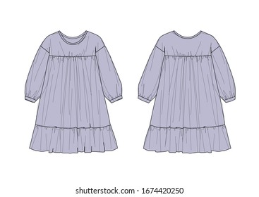 Purple Color Girl's Dress Design, Loose Fit, Long Sleeve, Elastic Cuff, Chest Seam, Ruffle Hem, Flat Sketch, Front And Back Views