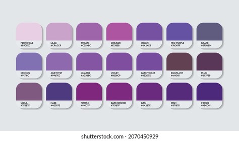 Purple Color Guide Palette with Color Names. Catalog Samples Purple with RGB HEX codes and Names. Metal Colors Palette Vector, Wood and Plastic Purple Color Palette, Fashion Trend Blue Color Palette