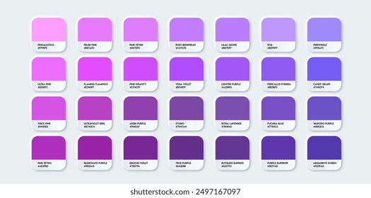 Purple Color Guide Palette with Color Names. Catalog Purple Samples with RGB HEX codes and Names. Vector EPS 10