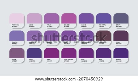 Purple Color Guide Palette with Color Names. Catalog Samples Purple with RGB HEX codes and Names. Metal Colors Palette Vector, Wood and Plastic Purple Color Palette, Fashion Trend Blue Color Palette