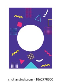purple color memphis style background with circular frame vector illustration design
