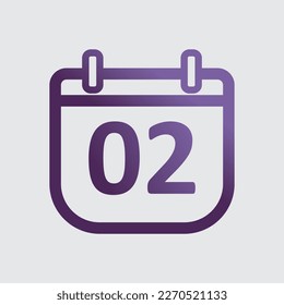 purple color minimalist calendar icon. Day 02 calendar symbol. outline calendar with gradient. simple calendar design. Isolated vector item. notification, memo, organization, time management. day two.