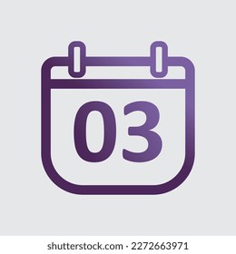 purple color minimalist calendar icon. Day 03 calendar symbol. outline calendar with gradient. simple calendar design. Isolated vector item. notification, memo, organization, time management. day thre