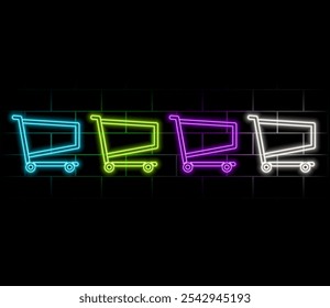 Purple color neon glowing Shopping cart icon. neon Shopping trolley sign. Shop symbol. Trolley icon. Neon lighting ecommerce shopping cart icon symbol on black background.