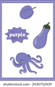 Purple color and purple objects. Color study worksheet. Vector flat design. Printable teaching materials. 