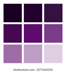 Purple color palette. Gradient tone swatches. Vibrant vector grid. Artistic square shades.