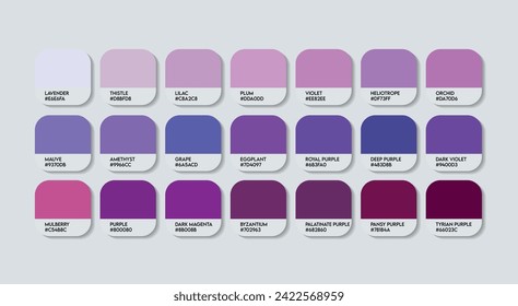 Purple Color Palette, Purple Color Guide Palette with Color Names. Catalog Samples Purple with RGB HEX codes and Names. Metal Colors Palette Vector, Wood and Plastic, Fashion Trend Blue Color Palette