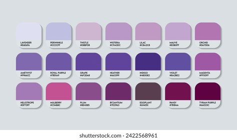 Purple Color Palette, Purple Color Guide Palette with Color Names. Catalog Samples Purple with RGB HEX codes and Names. Metal Colors Palette Vector, Wood and Plastic, Fashion Trend Blue Color Palette