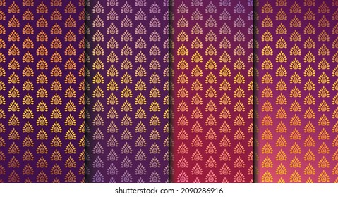 Purple Color Pallet With Floral Gold Pattern for Textile Design. Wrapping, Decoration. Indian, African, Chinese, Asian Pattern Design. Easily Editable Vector Pattern Set. 