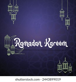 Purple color Ramadan Kareem vector illustration. Ramadan Kareem typograpghy. Greeting card with arabic hanging lantern.  Holy month of muslim. Symbol of Islam. Floral Applique Design. Editable. EPS 10