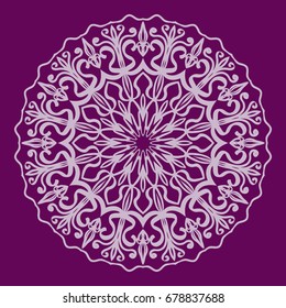 purple color Round Ethnic Pattern. Mandala Ornament. Lacy flower Snowflake. vector illustration