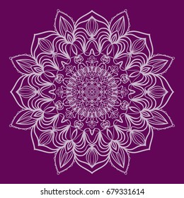 purple color Round Ethnic Pattern. Mandala Ornament. Lacy flower Snowflake. vector illustration