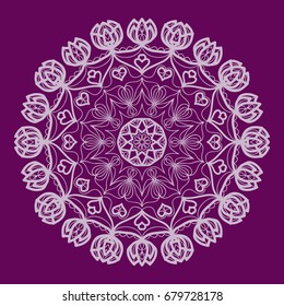 purple color Round Ethnic Pattern. Mandala Ornament. Lacy flower Snowflake. vector illustration