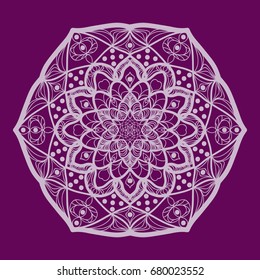 purple color Round Ethnic Pattern. Mandala Ornament. Lacy flower Snowflake. vector illustration