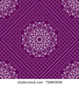 Purple color seamless Geometric Pattern with Hexagon lace, Mandala, border, frame. Vector illustration