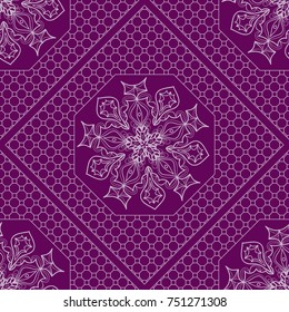 Purple color seamless Geometric Pattern with Hexagon lace, Mandala, border, frame. Vector illustration