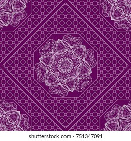 Purple color seamless Geometric Pattern with Hexagon lace, Mandala, border, frame. Vector illustration