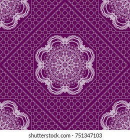 Purple color seamless Geometric Pattern with Hexagon lace, Mandala, border, frame. Vector illustration