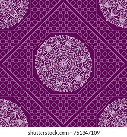 Purple color seamless Geometric Pattern with Hexagon lace, Mandala, border, frame. Vector illustration