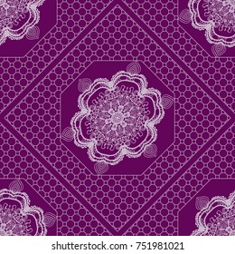Purple color seamless Geometric Pattern with Hexagon lace, Mandala, border, frame. Vector illustration