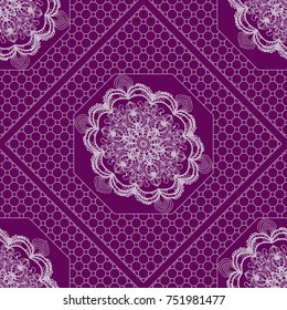 Purple color seamless Geometric Pattern with Hexagon lace, Mandala, border, frame. Vector illustration