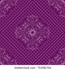 Purple color seamless Geometric Pattern with Hexagon lace, Mandala, border, frame. Vector illustration