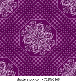 Purple color seamless Geometric Pattern with Hexagon lace, Mandala, border, frame. Vector illustration