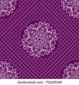Purple color seamless Geometric Pattern with Hexagon lace, Mandala, border, frame. Vector illustration