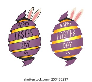 purple color spiral ribbon and golden egg with bunny ears, isolated color vector illustration icon on white background