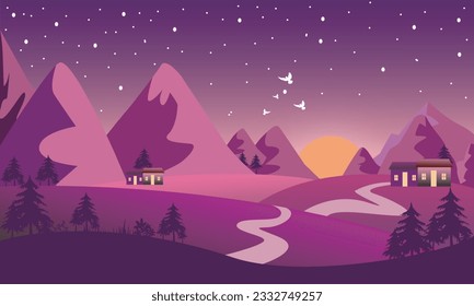 purple color sunset in the mountains vector design