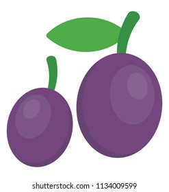 A purple colored berry like shape fruit with green leafy stem representing plum 