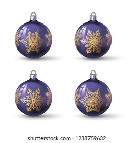Purple colored christmas balls with different snowflake ornament on it. Set of isolated realistic glass balls. Vector illustration for your design.