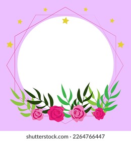 Purple Colored Circle Shape Text Frame Surrounded With Assorted Flowers Hearts And Leaves. Framework For Writing Ringed With Different Daisies, Hearts And Tree Leaves.