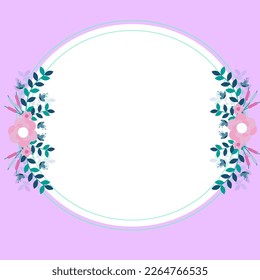 Purple Colored Circle Shape Text Frame Surrounded With Assorted Flowers Hearts And Leaves. Framework For Writing Ringed With Different Daisies, Hearts And Tree Leaves.