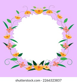 Purple Colored Circle Shape Text Frame Surrounded With Assorted Flowers Hearts And Leaves. Framework For Writing Ringed With Different Daisies, Hearts And Tree Leaves.