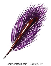 A purple colored feather, vector, color drawing or illustration.