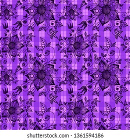 Purple Colored Hand Drawn Flowers Seamless Pattern On Lilac Squared Background For Fabric, Cloth, Textile, Print, Material, Wallpaper, Backsplash Or Wrapping Paper. Floral Backdrop Vector Illustration