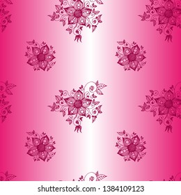 Purple Colored Hand Drawn Flowers Seamless Pattern On Pink And White Gradient Background For Fabric, Textile, Print, Material, Wallpaper, Backsplash Or Wrapping Paper. Floral Backdrop Vector Illustrat