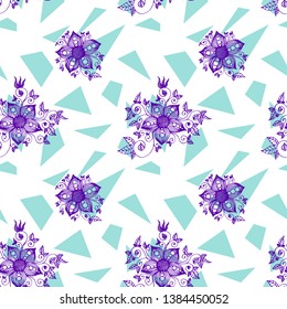 Purple Colored Hand Drawn Flowers With Blue Geometric Figures Seamless Pattern On White Background For Fabric, Textile, Print, Material, Wallpaper, Backsplash Or Wrapping Paper. Floral Backdrop Vector