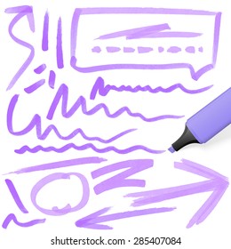 purple colored highlighter with different hand drawn markings