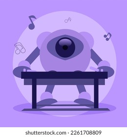 Purple Colored Illustration Depicts AI Robot Playing Music with Electone, Flat Style Artwork