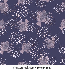Purple colored lionfish seamless pattern in abstract style. Navy blue background with splashes. Random print. Perfect for fabric design, textile print, wrapping, cover. Vector illustration.